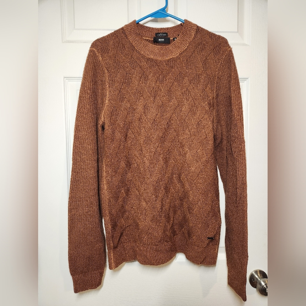 Hugo Boss Slim Fit Extra Fine Merino Wool Rust Cable Knit Jumper Sz Medi…